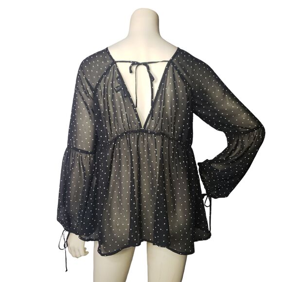 FOR LOVE & LEMONS Black White Dots Semi Sheer Long Sleeve Top Womens Size Medium - Picture 6 of 9